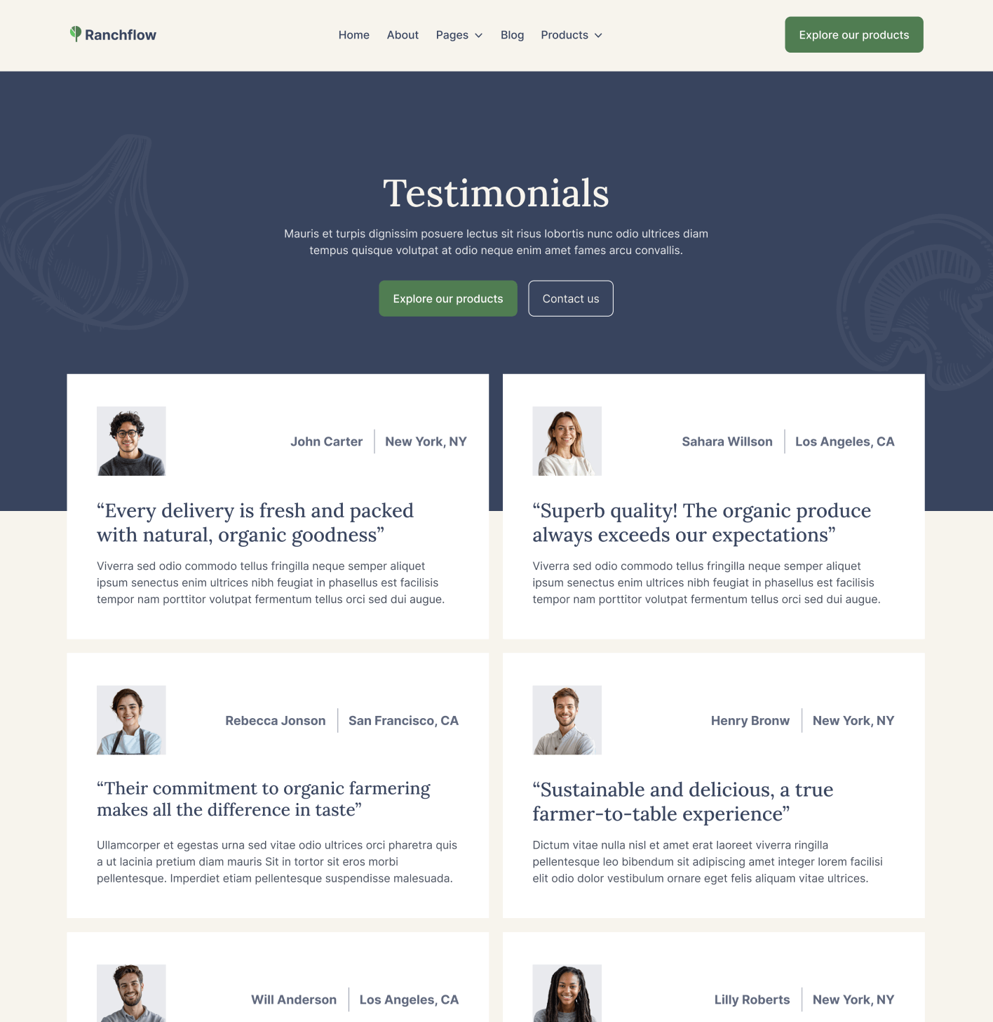 Ranchflow - Testimonials Page - Farm Webflow Template